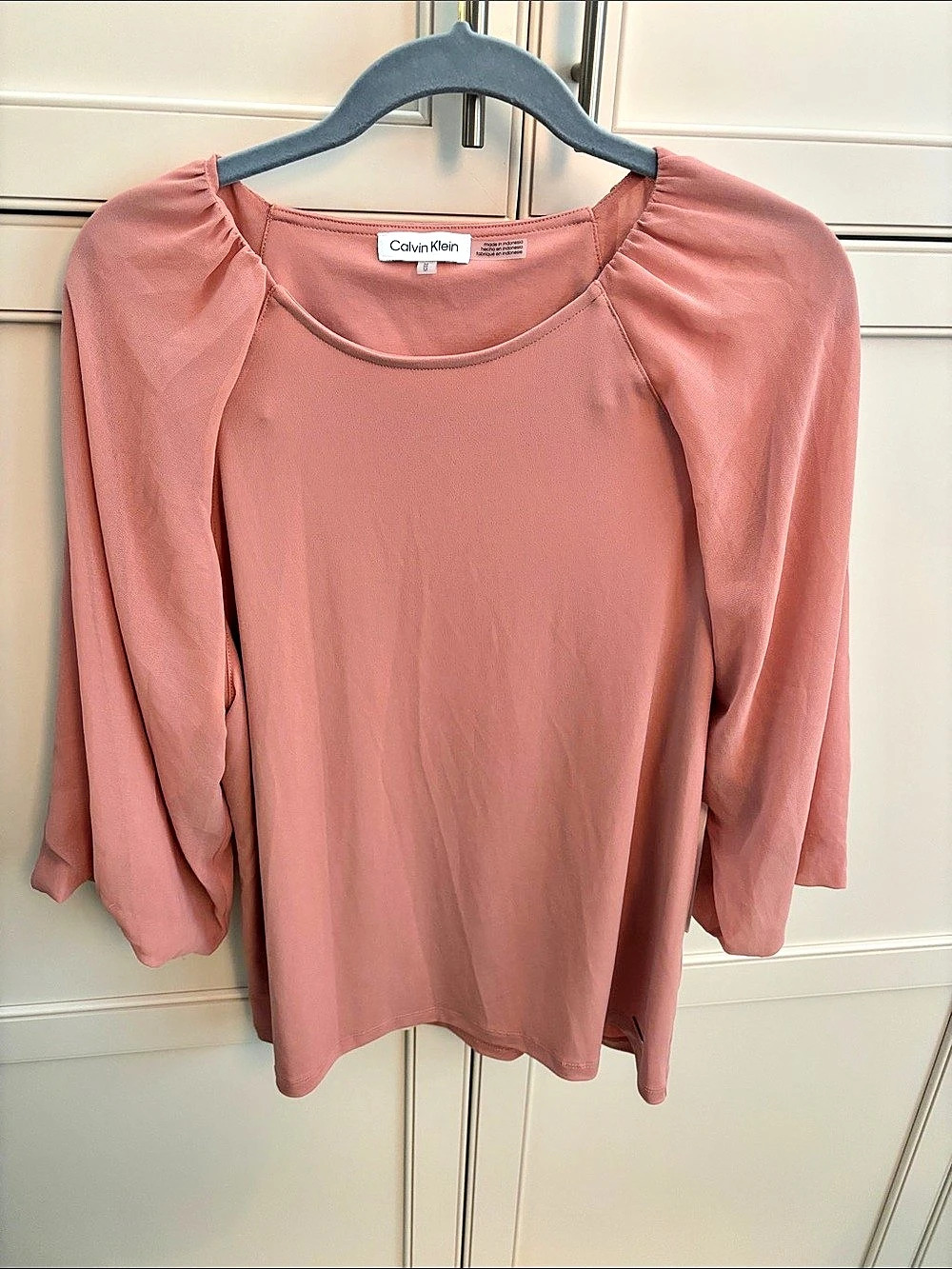 Calvin Klein Modern Essentials Mixed Media Lantern Sleeve Blouse Pink Medium